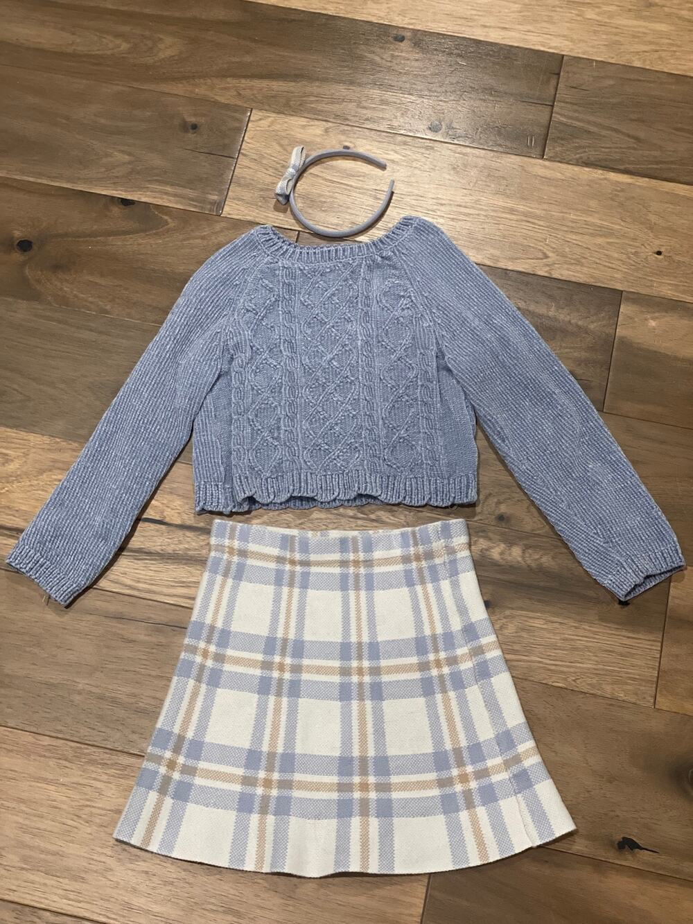 Tommy Bahama Girls 7/8 Light Blue Chenille Plaid Outfit Set Cotton